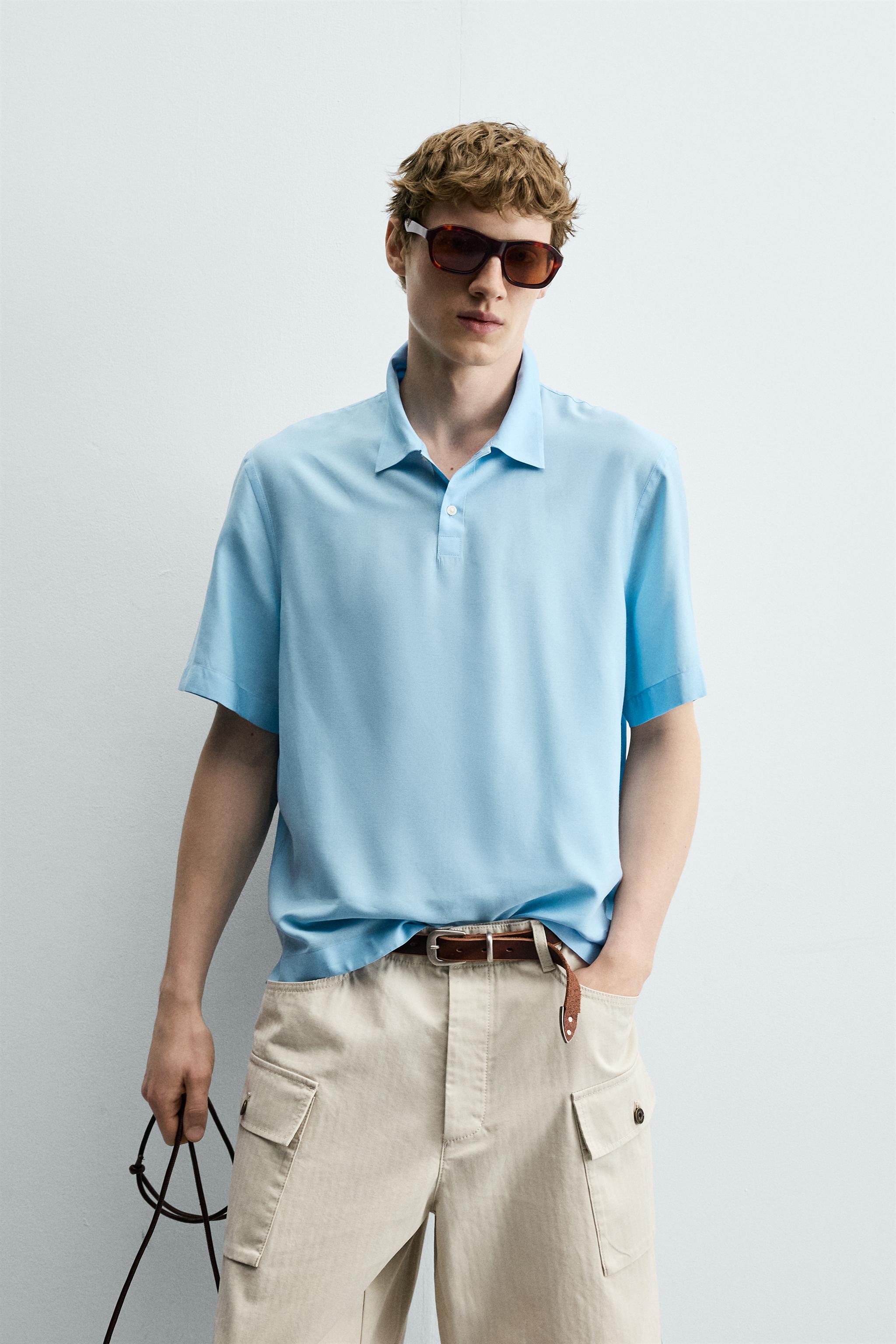 FLOWY VISCOSE BLEND POLO SHIRT — Sky blue
