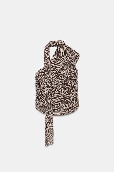 Zara ZW COLLECTION PRINTED TOP - Brown / Ecru