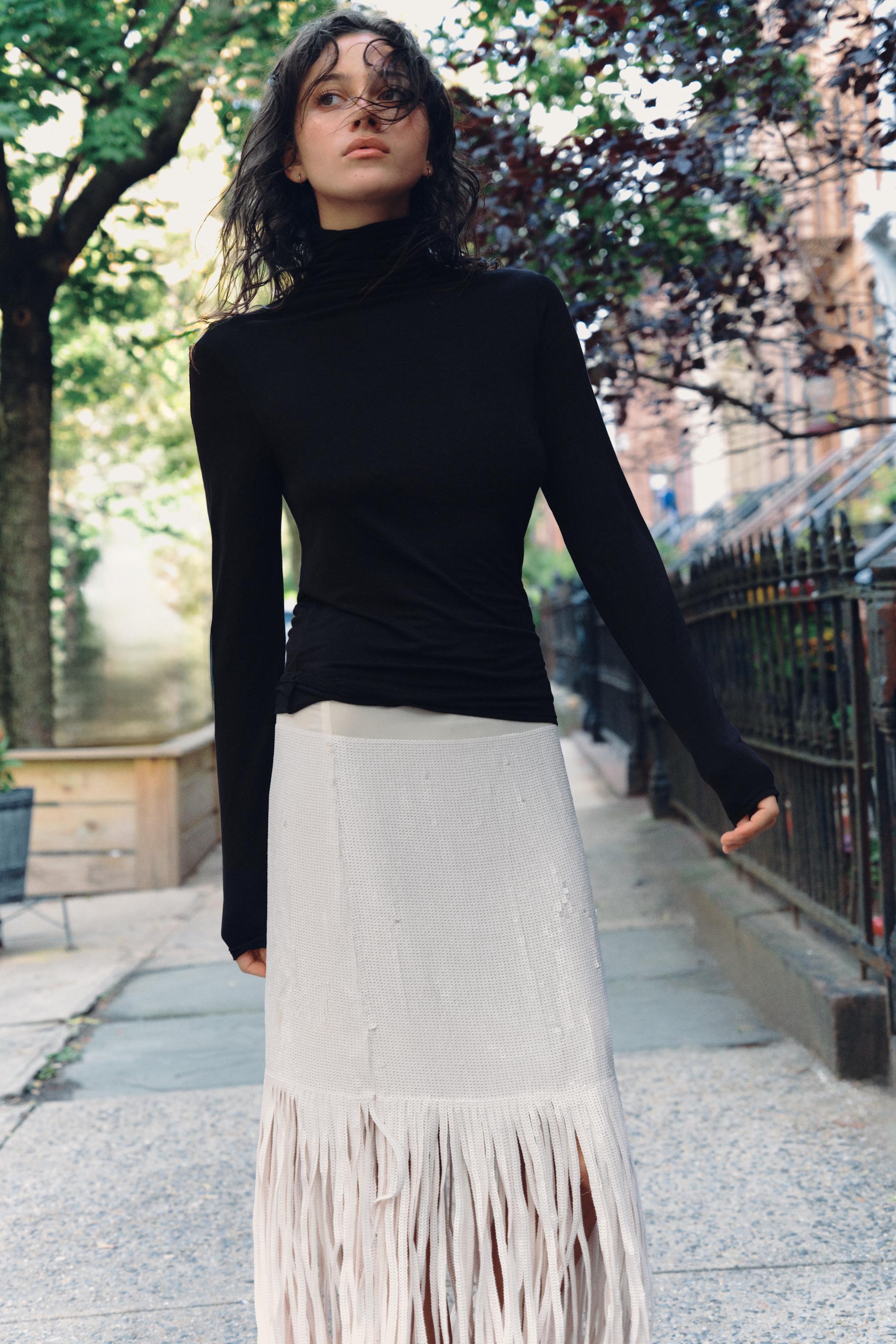 SEQUIN FRINGED MIDI SKIRT