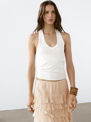 Zara Slim fit frayed halter top - Ecru