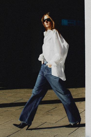 CHEMISE OVERSIZE EN POPELINE AVEC SURPIQÛRES - Blanc / Noir de Zara - Image 1