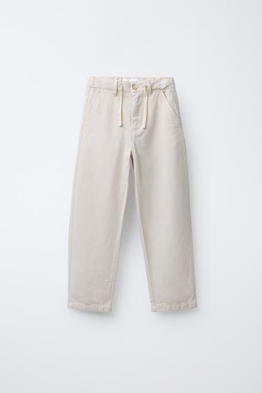 PANTALON DROIT AVEC COTON ET AVEC LIN - Écru de Zara