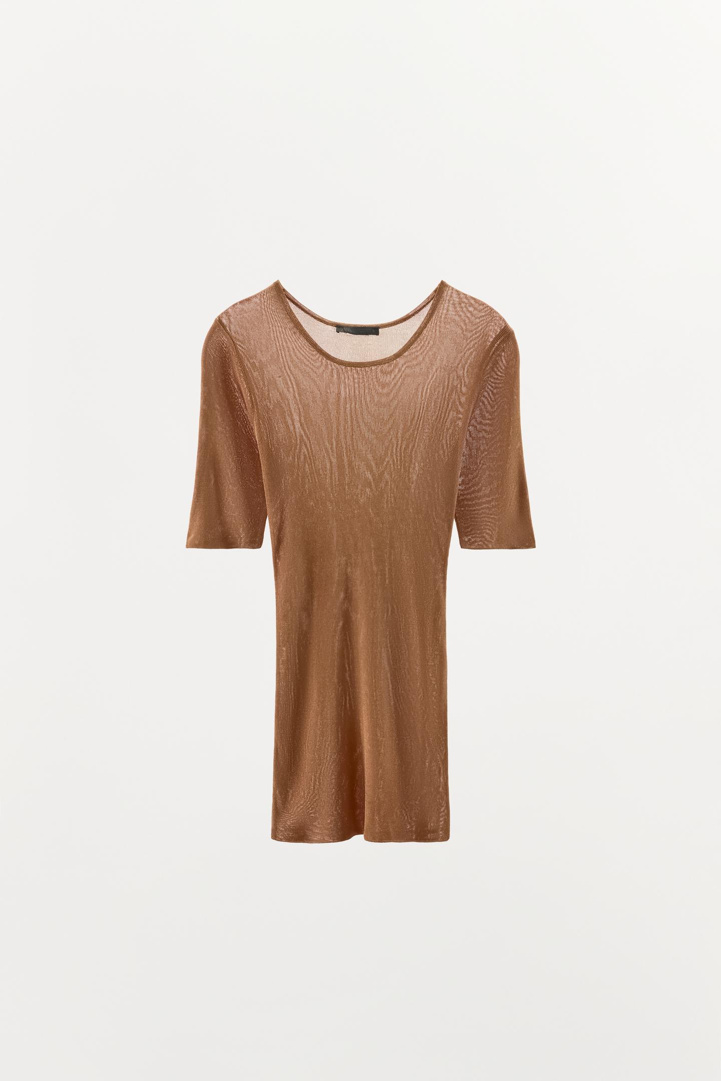 Женский топ Zara Fine-Knit Elbow-Sleeve Top, цвет: Верблюжий — фото 3