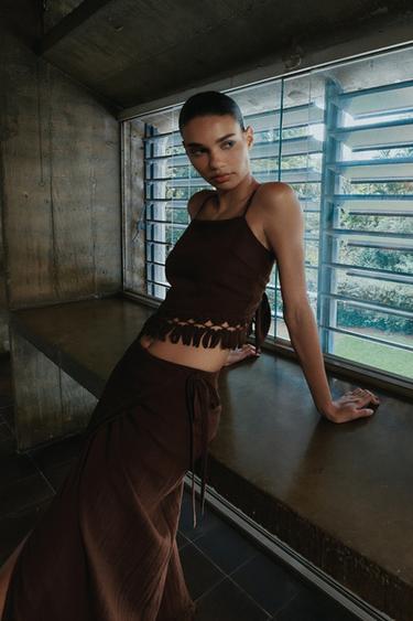 FRINGED PAREO MIDI SKIRT - Brown by Zara - Image 4