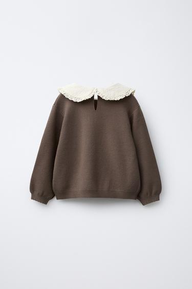 Zara FLORAL PETER PAN COLLAR KNIT SWEATER - Brown / Taupe