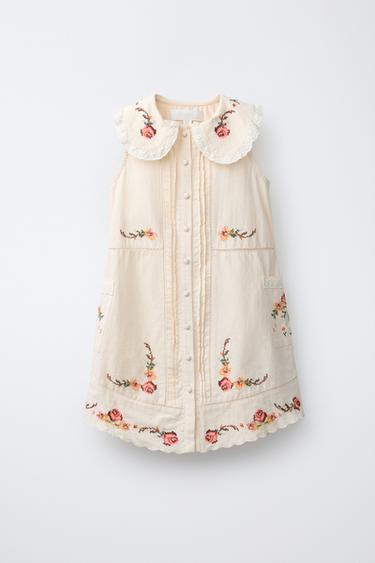 VESTIDO CUELLO BOBO BORDADOS - Crudo de Zara