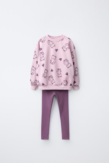 BEAR PRINT SWEATSHIRT AND LEGGINGS SET — Pastel pink 1
