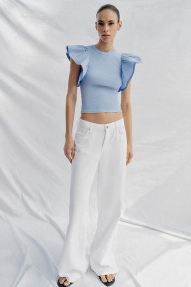 Zara 羅紋荷葉邊T恤 - 中藍色