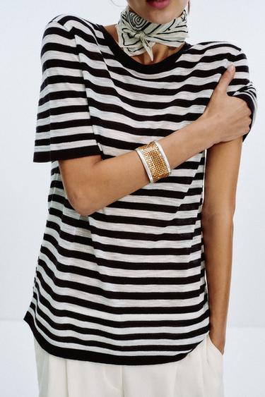 STRIPED KNIT SHORT SLEEVE TOP - Navy / White by Zara