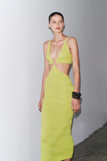 Zara CUT OUT KNIT DRESS - Lime green