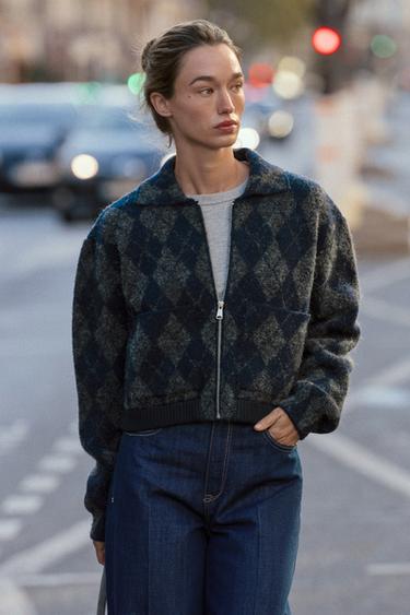 Zara ARGYLE KNIT BOMBER JACKET - only one