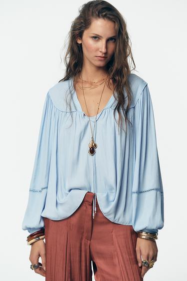 Zara FLOWY LACE TRIM BLOUSE - Light blue