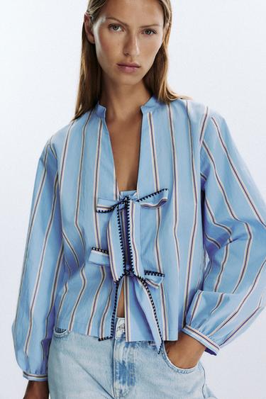 Zara STRIPED POPLIN SHIRT WITH TIES - Sand / Blue