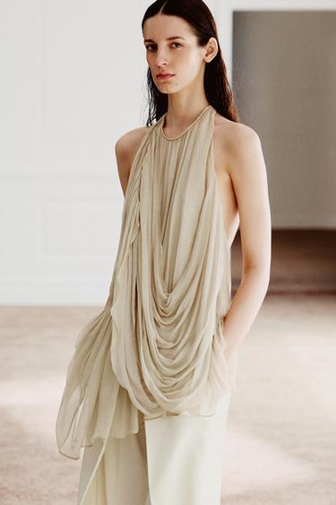 Zara ZW COLLECTION DRAPED POLKA DOT HALTER TOP - Brown / Ecru