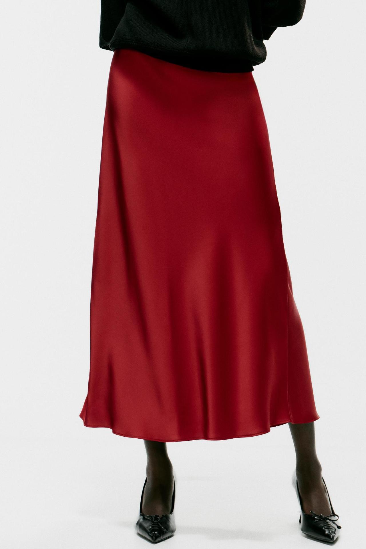 SATIN MIDI SKIRT — Intense red