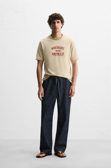 Zara RIBBED TEXT T-SHIRT - taupe brown