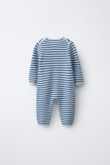 STRIPED KNIT JUMPSUIT WITH EMBROIDERED TEXT - Light blue by Zara - Image 1