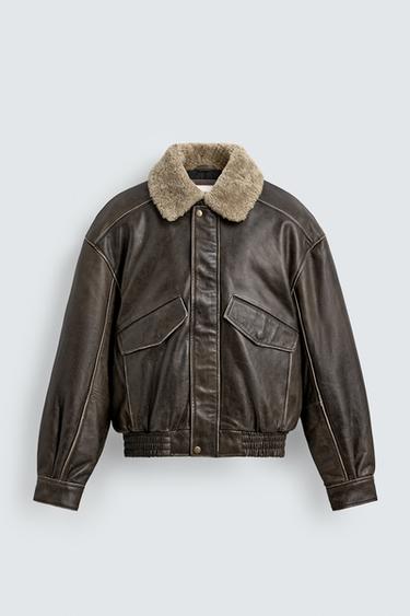 LIMITED EDITION LEATHER JACKET WITH CONTRAST COLLAR - Dark grey by Zara