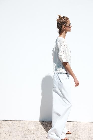T-SHIRT WITH PERFORATED EMBROIDERY - Oyster-white by Zara - Image 2