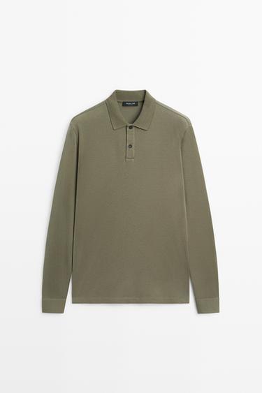 Zara 100% cotton micro-textured knit polo shirt - Green