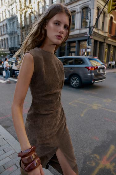 100% LEATHER MIDI DRESS - Khaki by Zara - Image 1