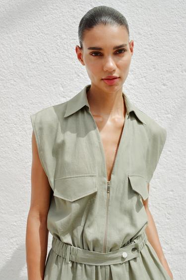 LINEN BLEND BELTED JUMPSUIT - Light khaki by Zara - Image 1