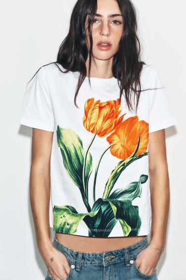 Zara FLORAL PRINT T-SHIRT - White