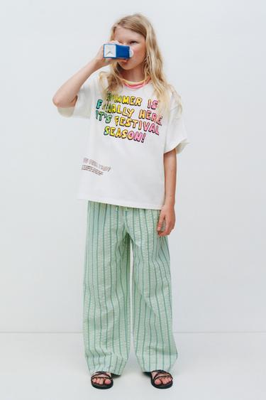 Zara 條紋泡泡紗長褲 - 綠色