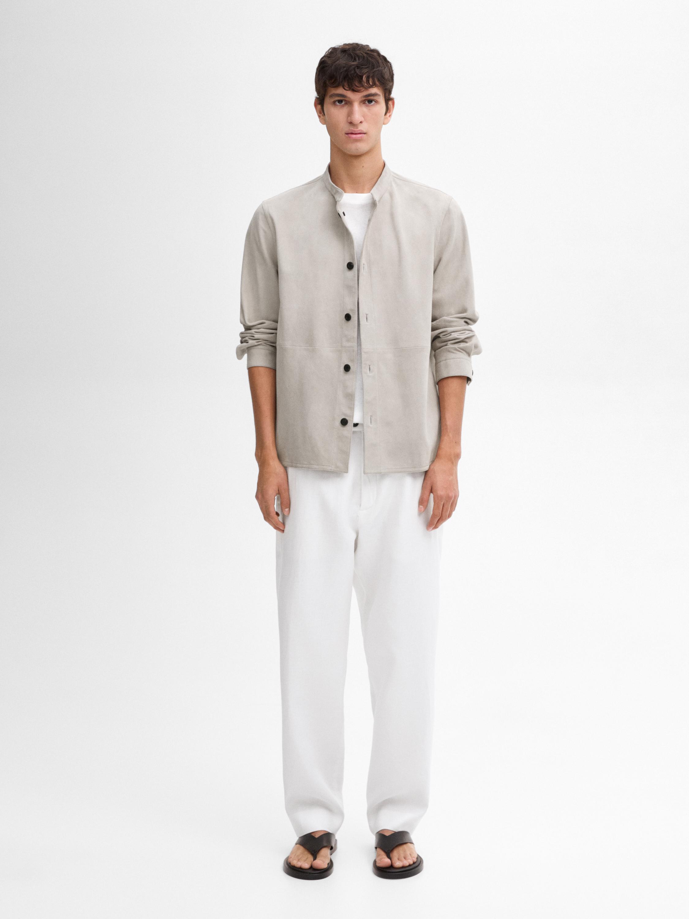 Suede leather shirt with stand collar