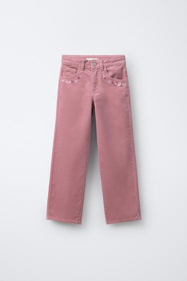 VELVET TROUSERS WITH EMBROIDERED FLOWERS - Pink by Zara
