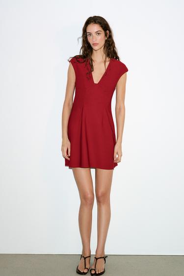 Zara CREPE V-NECK DRESS - Red