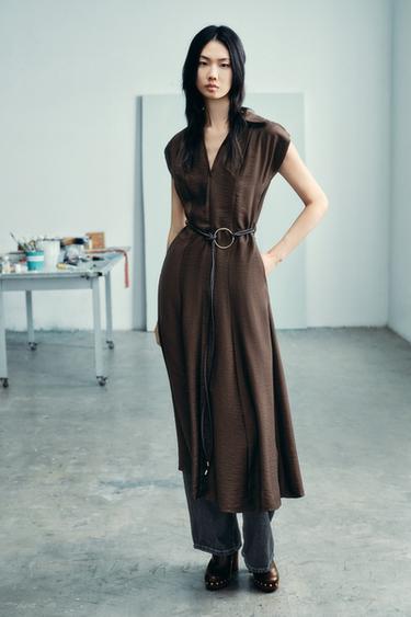 Zara 中長版腰帶洋裝 - 棕色