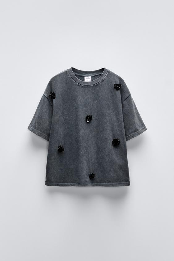 FADEDEFFECT TSHIRT WITH FLORAL APPLIQUÉ Anthracite grey ZARA Spain