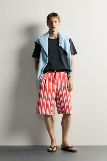 STRIPED WIDE-LEG BERMUDA SHORTS - Red by Zara - Image 0