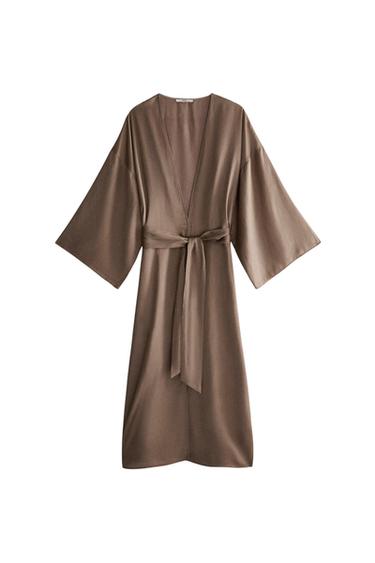 GATHERED SATEEN DRESSING GOWN - Brown by Zara - Image 0