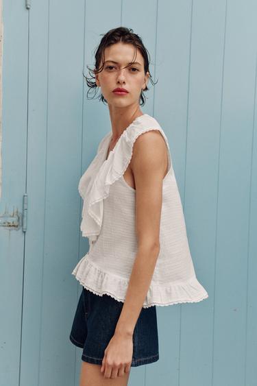 RUFFLED LACE TRIM BLOUSE - White by Zara