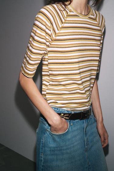 STRIPED T-SHIRT - Ecru / Green by Zara