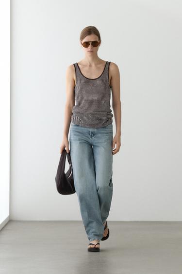 Camiseta tirantes rayas lino - Marrón de Zara - Imagen 0