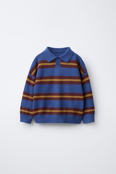 STRIPED KNIT POLO SHIRT - Brown-Blue by Zara