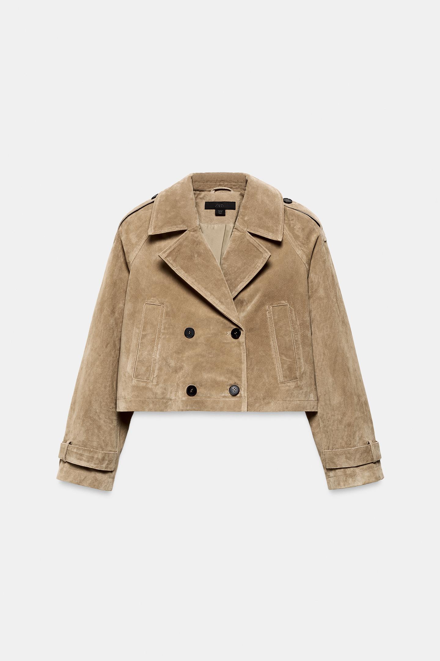 Женское пальто Zara 100% Leather Double-Breasted Short Trench, цвет: Светлый верблюжий — фото 10