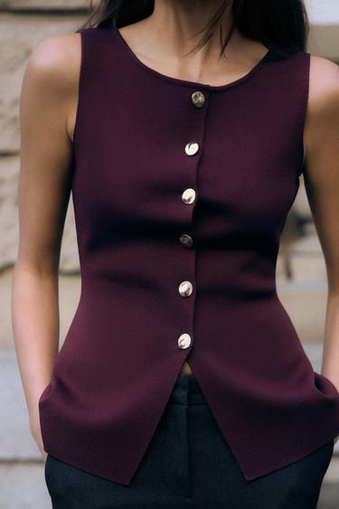 KNIT WAISTCOAT TOP WITH GOLD BUTTONS - Burgundy by Zara - Image 0