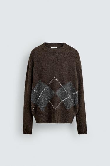 Zara DIAMOND JACQUARD SWEATER - Brown