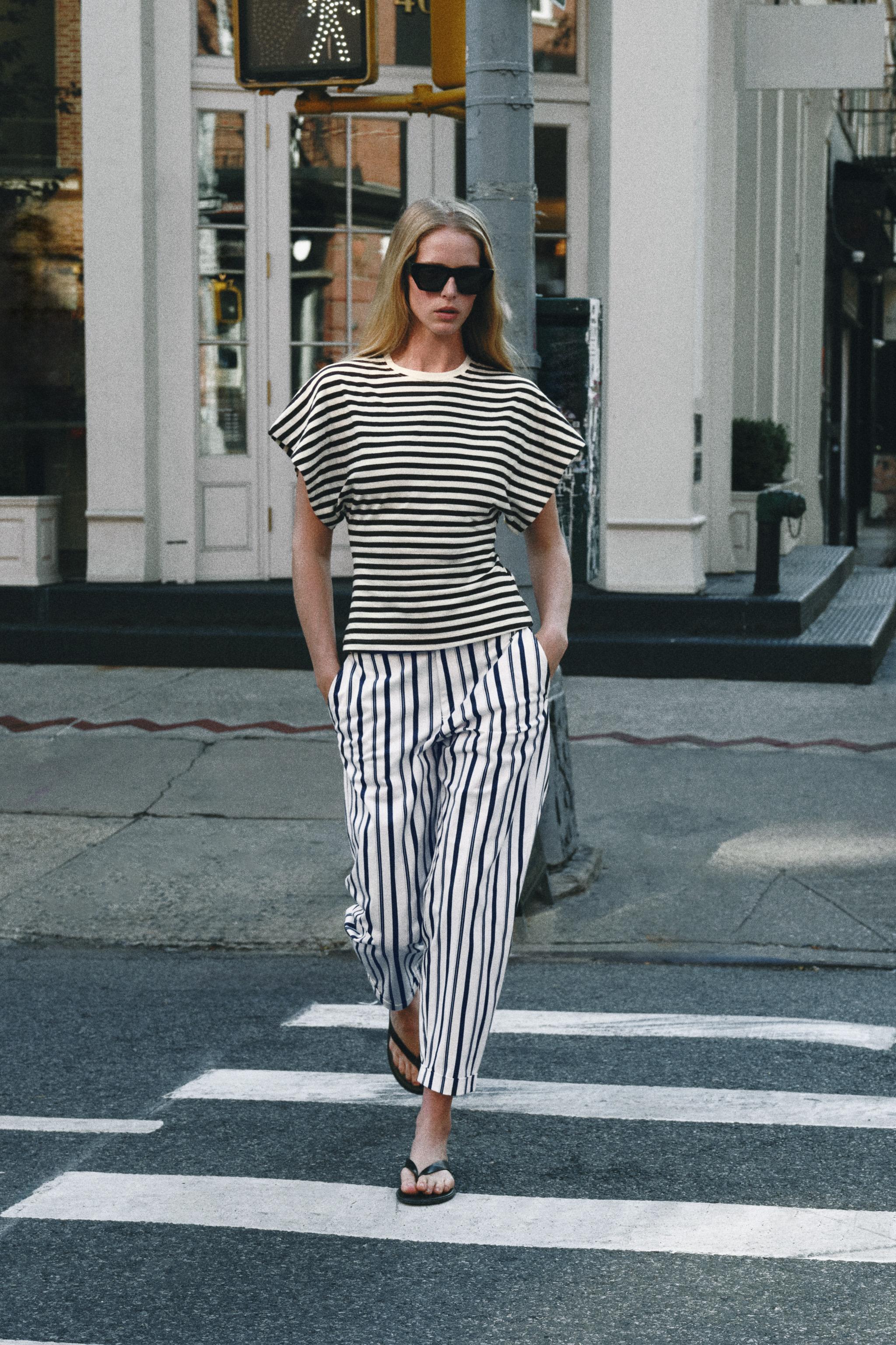 STRIPED CHINO PANTS — Ecru / Navy