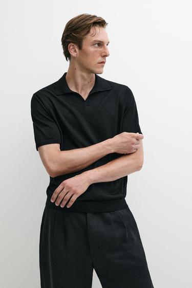 Zara Argyle knit polo sweater - Black