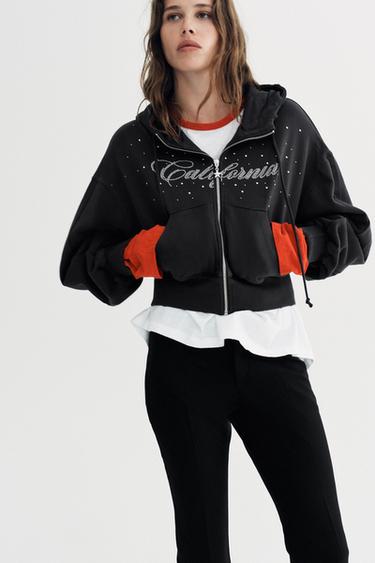 Zara TEXT SWEATSHIRT WITH SHINY DETAILS - Black