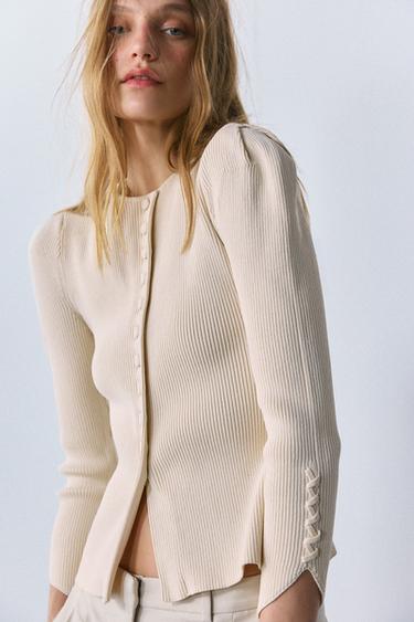 Zara PUFF SLEEVE KNIT CARDIGAN - Mid-ecru