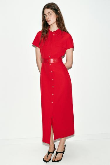 ROBE MI-LONGUE AVEC CEINTURE - Rouge de Zara - Image 4