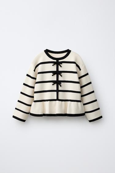 Zara STRIPED AND BOW KNIT JUMPER - Ecru / Black
