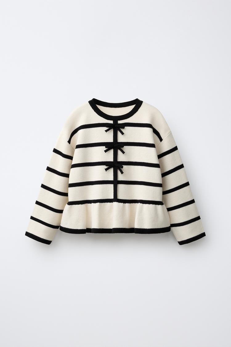 STRIPED KNIT SWEATER WITH BOWS — Ecru / Black