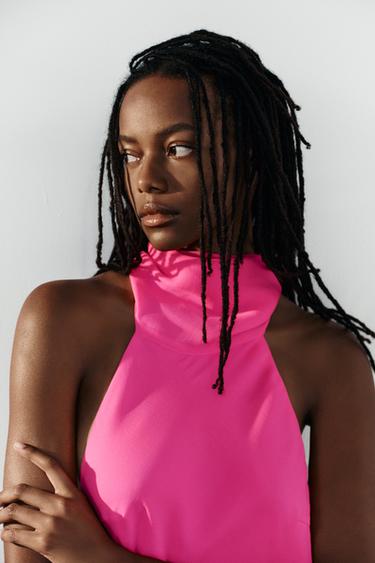 LONG HALTERNECK DRESS WITH TIE - Neon pink by Zara